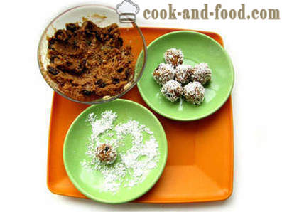 Recipe sweets from coconut with condensed milk and raisins