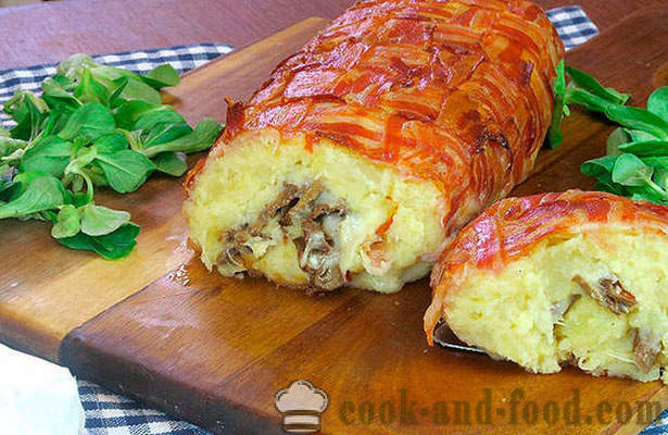 Potato cake with bacon with mushrooms and cheese in the oven