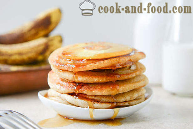 Lush and delicious pancakes with milk, bananas and pineapple