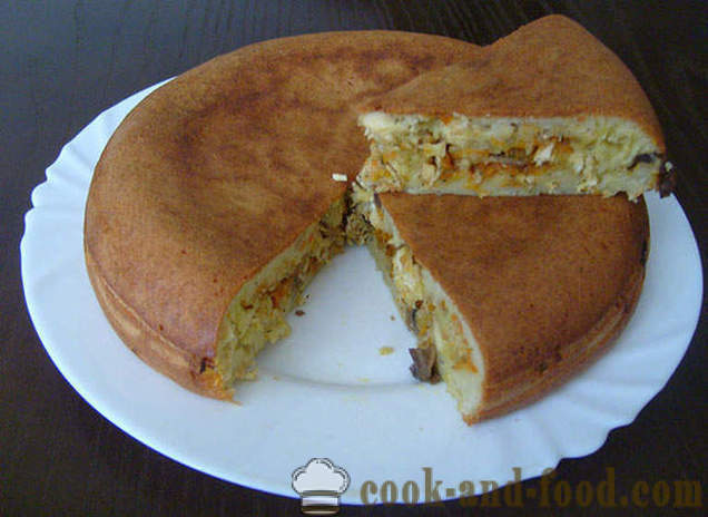 Jellied cake in multivarka with chicken and mushrooms