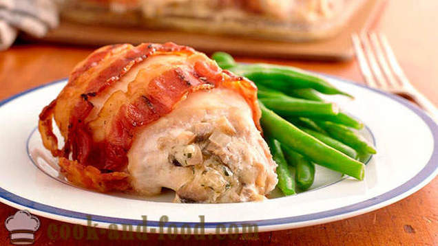 Stuffed chicken breast with mushrooms wrapped in bacon