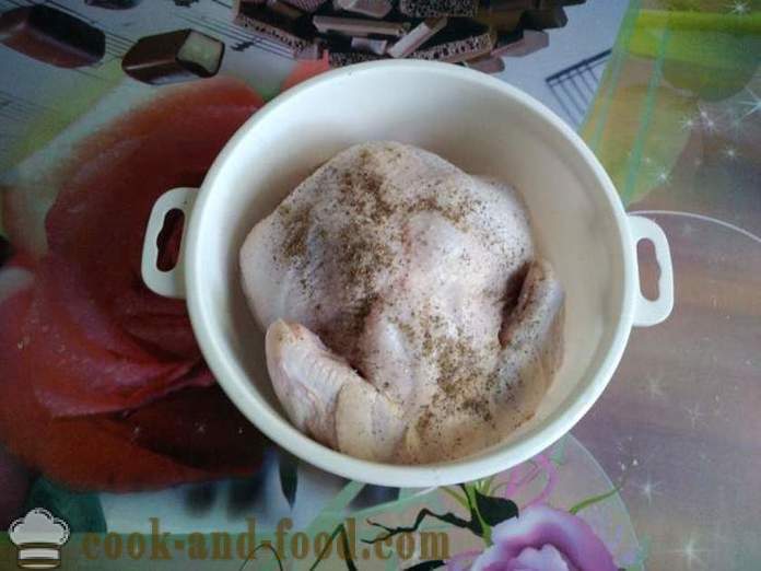 Baked chicken entirely on the bank - as a delicious baked chicken in the oven whole, a step by step recipe photos