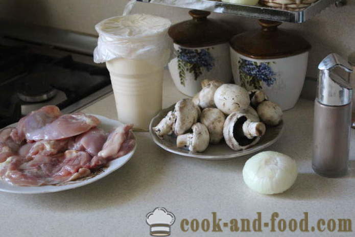 Chicken thigh without bone with mushrooms in the oven - how to cook a delicious chicken thighs in the oven, with a step by step recipe photos