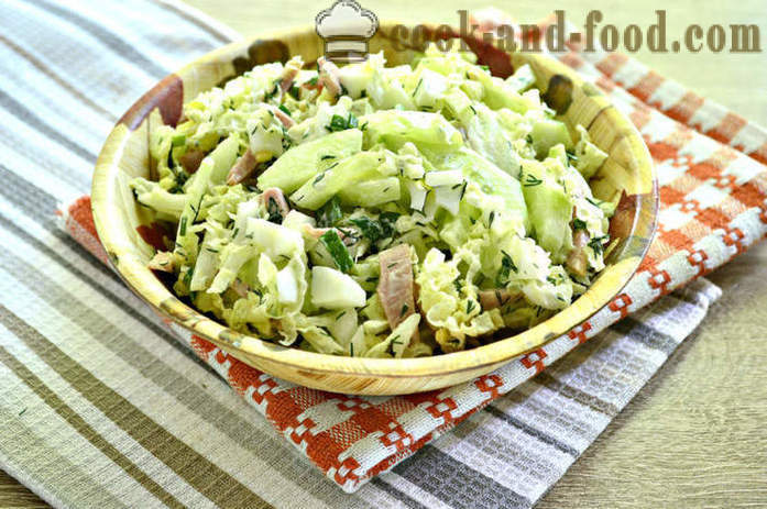 Mayonnaise salad with Chinese cabbage and sausage - How to prepare a salad with Chinese cabbage with egg, a step by step recipe photos