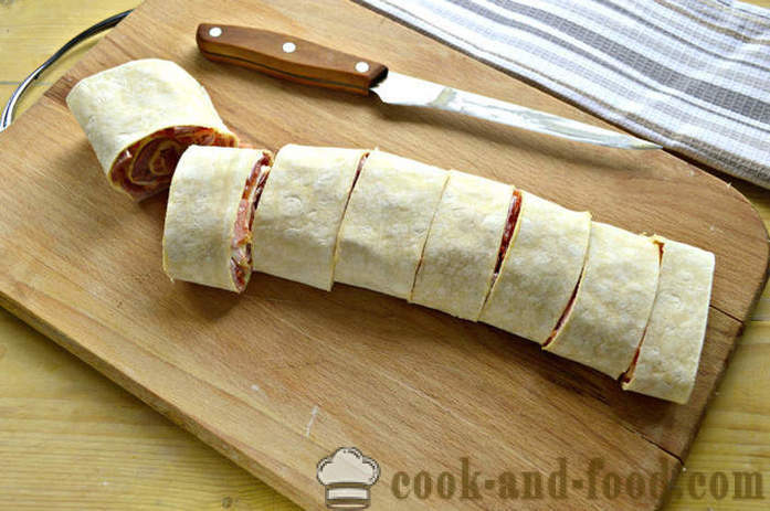 Appetizer of pita bread with sausage - how to make pita bread roll stuffed with sausage, a step by step recipe photos