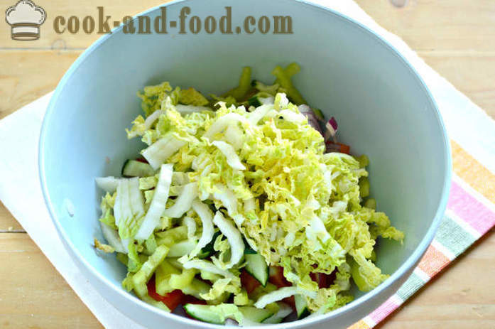 Delicious salad with Chinese cabbage and vegetables - how to make a salad of Chinese cabbage, tomatoes and cucumbers, with a step by step recipe photos