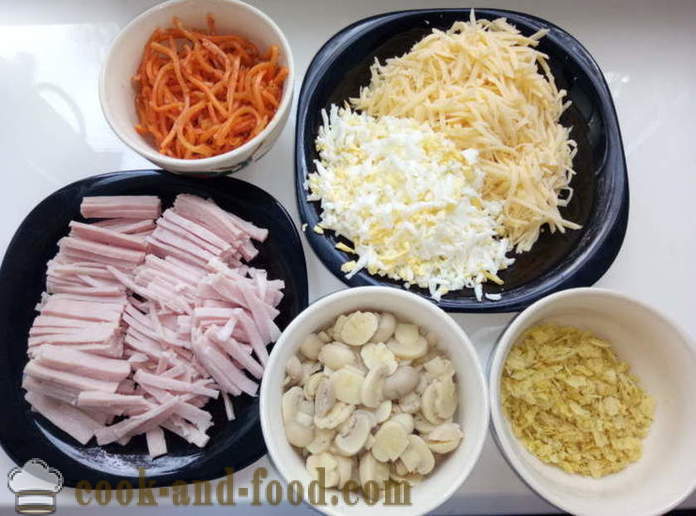 Simple salad and chips - how to make a layered salad with ham, mushrooms and chips, a step by step recipe photos