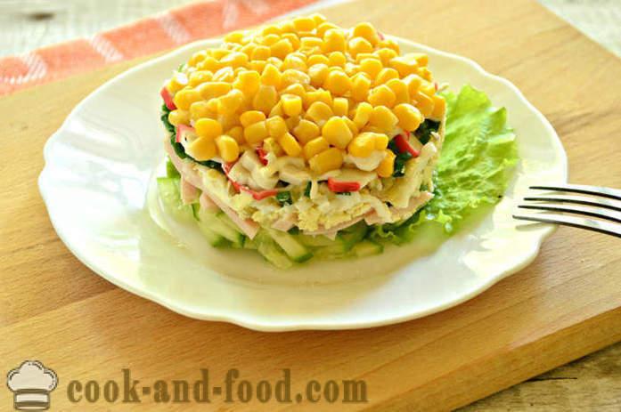 Layered salad with corn and crab sticks in batches - how to prepare layered salad in the ring, with a step by step recipe photos