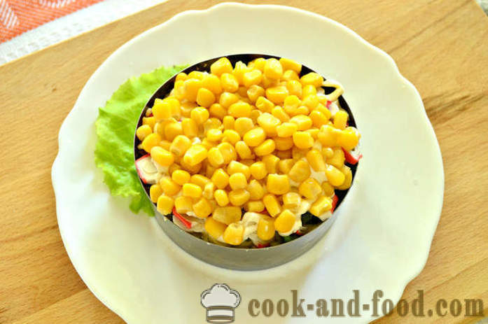 Layered salad with corn and crab sticks in batches - how to prepare layered salad in the ring, with a step by step recipe photos