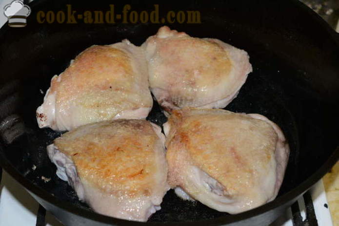 Chicken thighs braised with onions, carrots and pickled cucumbers - how to cook a delicious chicken thighs in a pan, with a step by step recipe photos
