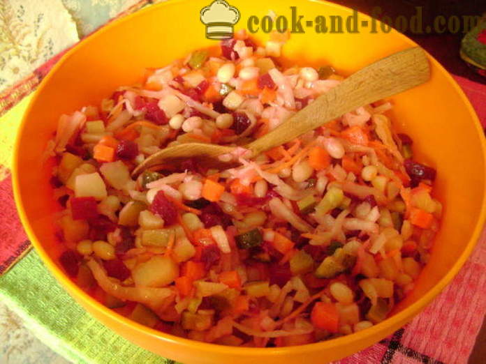 Unusual salad with herring - how to make a vinaigrette with herring, cabbage and beans, with a step by step recipe photos