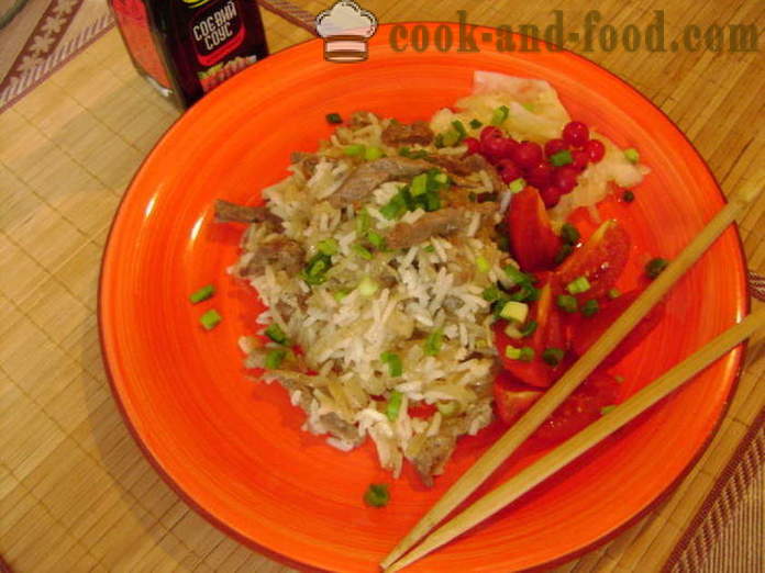 Rice with meat in Chinese - how to cook rice with meat in a frying pan, a step by step recipe photos