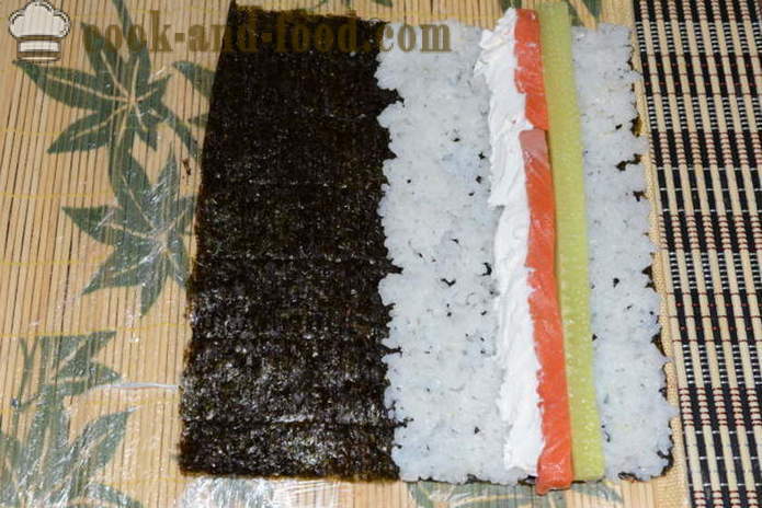 Sushi rolls with red fish, cheese and cucumber - how to make rolls at home, step by step recipe photos