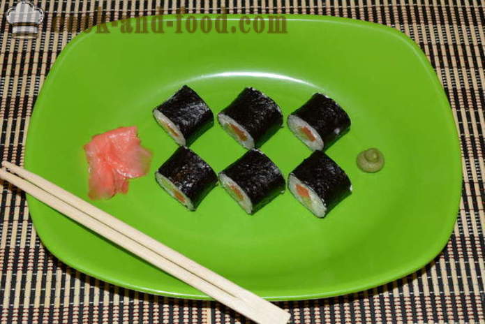 Sushi rolls with red fish, cheese and cucumber - how to make rolls at home, step by step recipe photos