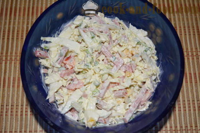 Salad of Chinese cabbage with smoked sausage, peppers and canned corn - how to prepare a salad of Chinese cabbage with corn and sausage, a step by step recipe photos