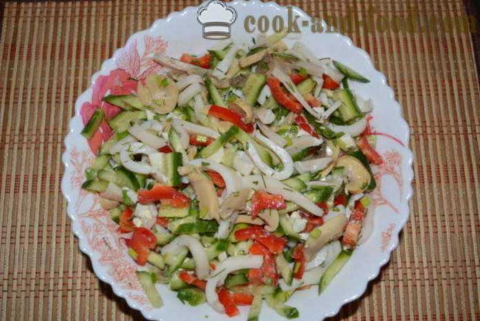 Salad with squid, mushrooms, cucumbers and pepper - how to prepare a salad with squid and mushrooms, a step by step recipe photos