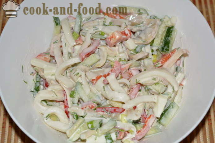 Salad with squid, mushrooms, cucumbers and pepper - how to prepare a salad with squid and mushrooms, a step by step recipe photos