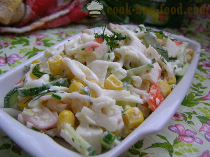 Delicious crab salad with corn and eggs - how to cook crab salad with corn quick and tasty, with a step by step recipe photos