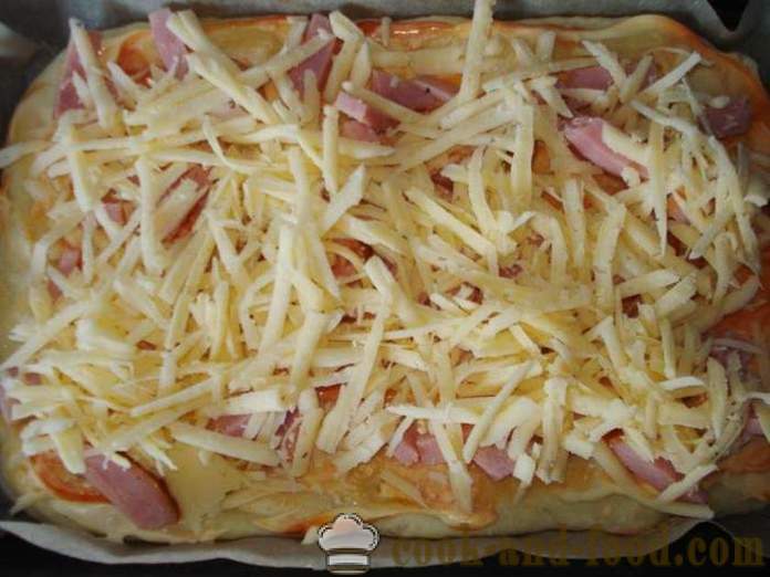 Homemade pizza with sausage and cheese in the oven - how to make pizza at home, step by step recipe photos