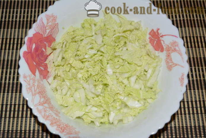 A simple salad with Chinese cabbage, ham and peas - how to prepare a salad of Chinese cabbage and ham, a step by step recipe photos