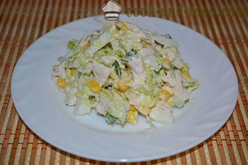 A simple salad with Chinese cabbage, chicken and corn - how to prepare a salad of Chinese cabbage with chicken breast, a step by step recipe photos