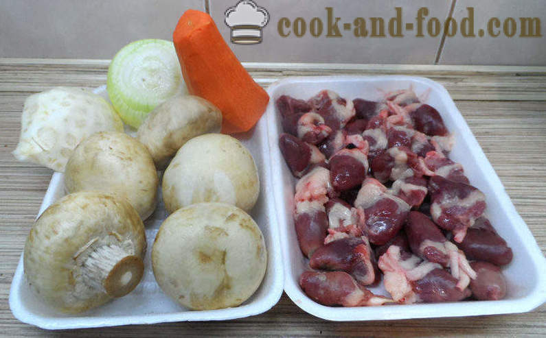 Chicken hearts with mushrooms in multivarka - how to cook chicken hearts with mushrooms, a step by step recipe photos