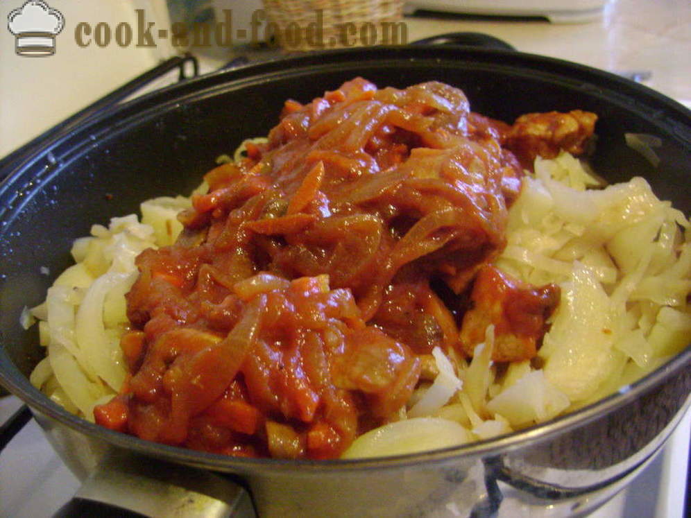 Braised cabbage with potatoes, chicken and mushrooms - both tasty to cook stewed cabbage, step by step recipe photos