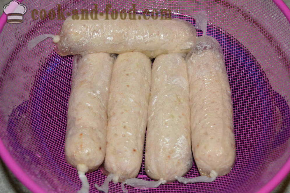 Domestic chicken sausages in the food film for children - how to cook chicken sausages at home, step by step recipe photos