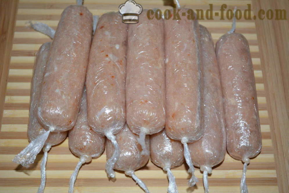Domestic chicken sausages in the food film for children - how to cook chicken sausages at home, step by step recipe photos