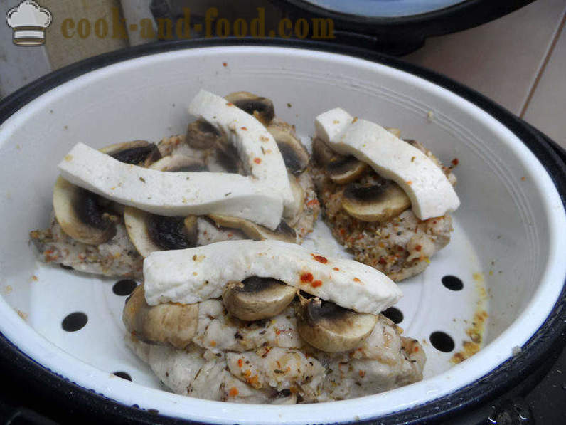 Chicken breast with mushrooms in white wine - how to cook a chicken breast steamed in multivarka with mushrooms, a step by step recipe photos