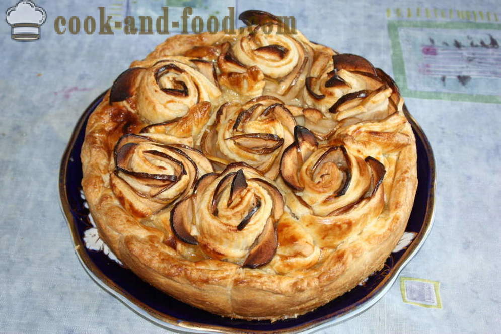 Roses of apples in puff pastry - delicious apple tart of puff pastry as apples wrapped in puff pastry as roses, step by step recipe photos