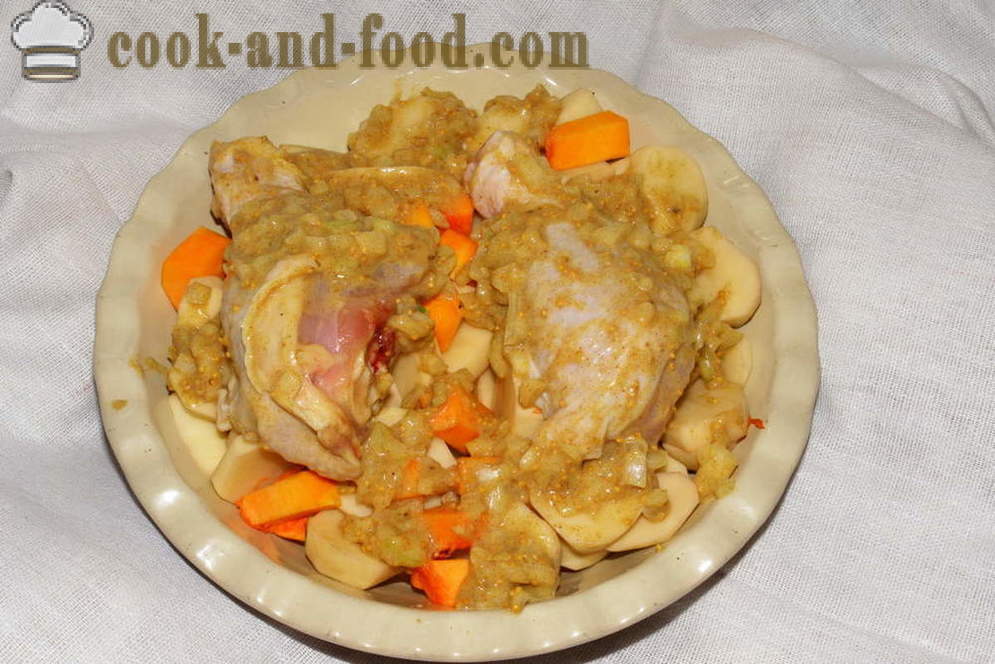 Chicken in mustard sauce in the oven - how to cook a chicken in the oven with potatoes and pumpkin, with a step by step recipe photos