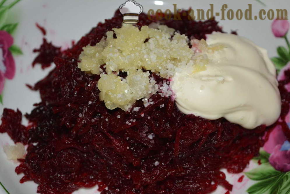 Beetroot salad with garlic and cheese - how to cook beetroot salad with garlic and cheese recipe with a photo