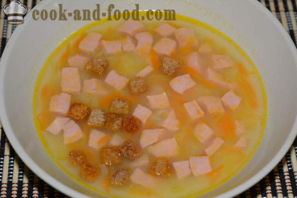 Potato soup with croutons and salami - how to make soup from a potato, a step by step recipe photos