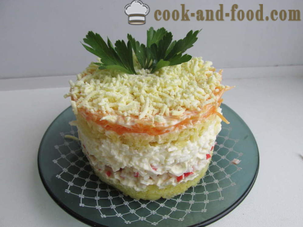 Simple layered salad with crab sticks - how to prepare a salad with crab sticks, a step by step recipe photos