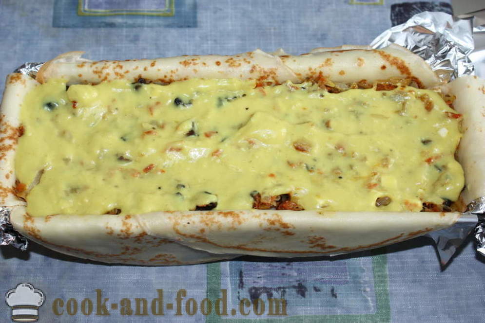 Pancake pie with mushrooms, cheese and vegetables in the oven - step by step how to cook a pancake cake recipe with photo
