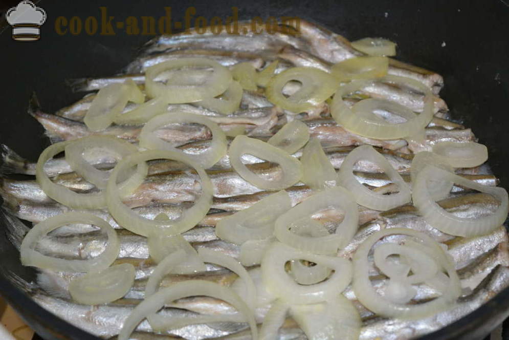 Capelin stew with onions in a frying pan - both tasty capelin cook in a frying pan, a step by step recipe photos