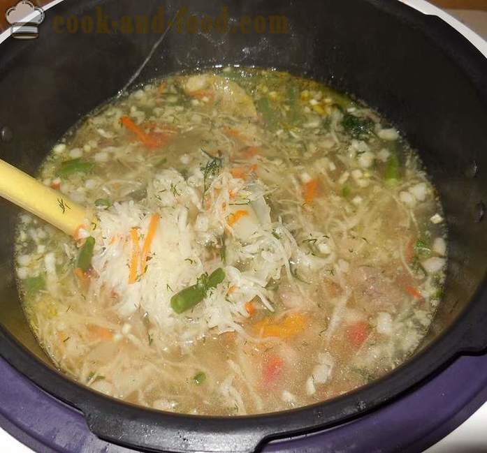 Soup of sauerkraut in multivarka - how to cook sour soup with language and dressed with garlic and bacon, a step by step recipe with photos.
