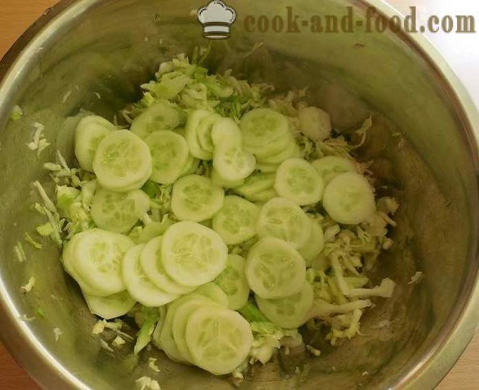 Delicious salad of young cabbage and cucumbers with vinegar and sunflower oil - a step by step recipe photos