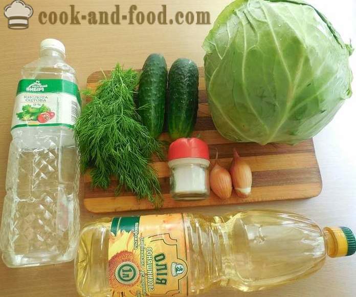 Delicious salad of young cabbage and cucumbers with vinegar and sunflower oil - a step by step recipe photos