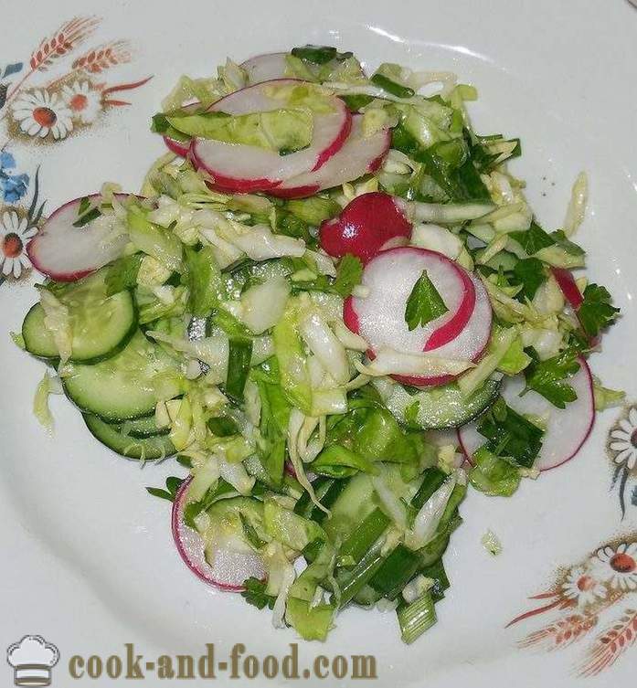 Easy and delicious spring salad of cabbage, radish and cucumbers without mayonnaise - how to make a spring salad with a step by step recipe photos