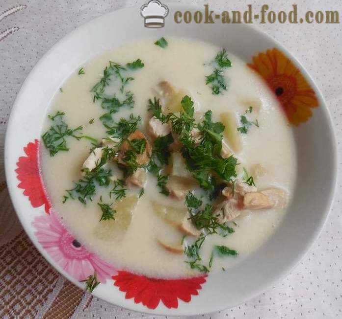Cheese soup with melted cheese, mushrooms and chicken - how to cook cheese soup in multivarka, step by step recipe with photos.