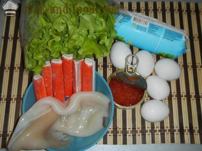 A simple and delicious salad with squid, crab sticks and red caviar - how to prepare a salad of squid with egg, a step by step recipe with photos.