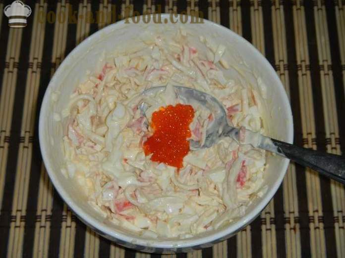 A simple and delicious salad with squid, crab sticks and red caviar - how to prepare a salad of squid with egg, a step by step recipe with photos.