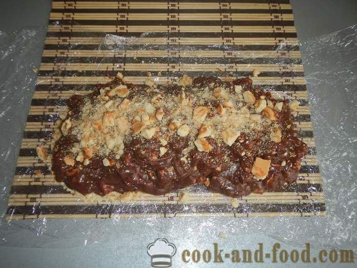 Homemade chocolate sausage biscuits with condensed milk and nuts, egg-free - step by step recipe for the chocolate salami, with photos.
