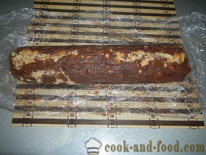 Homemade chocolate sausage biscuits with condensed milk and nuts, egg-free - step by step recipe for the chocolate salami, with photos.