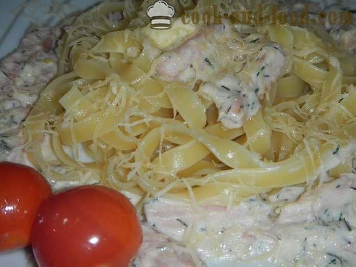 Nest of pasta with cheese sauce and sturgeon. How to cook pasta nest - recipe with photos, step by step.