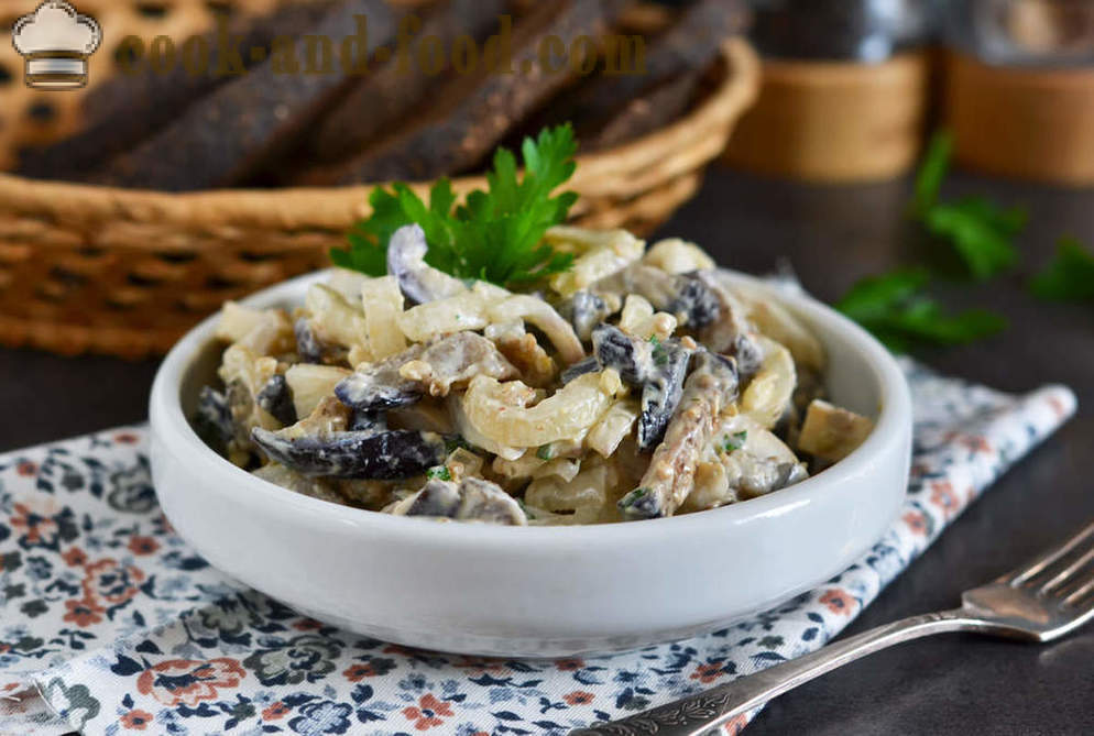 Collection of salad recipes with chicken and mushrooms